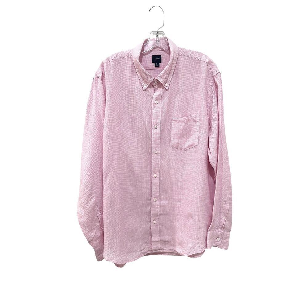 J.CREW Shirt Mens XL Pink Check Linen Cotton Casual Button Front Long Sleeve
